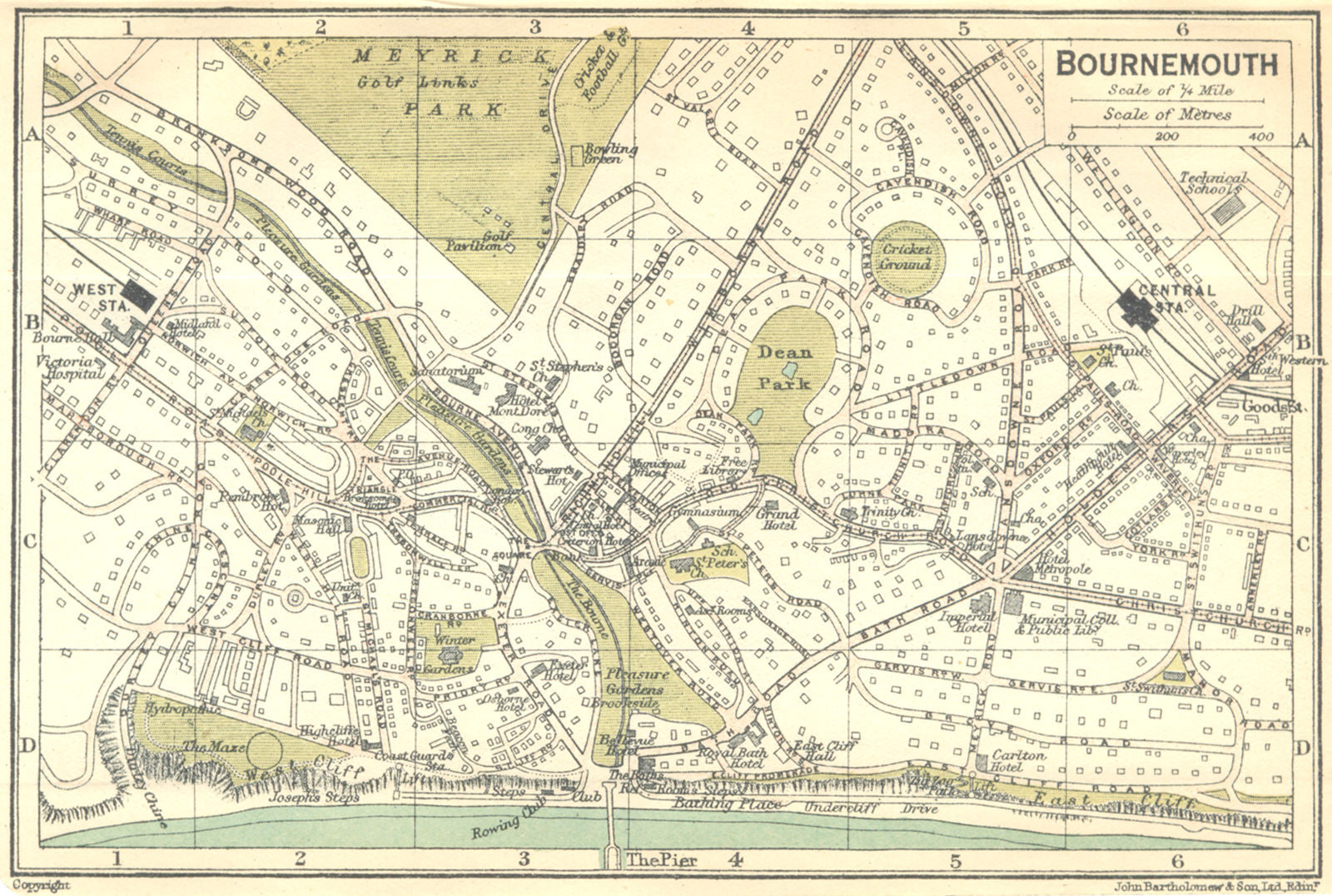 HANTS. Bournemouth Town Plan 1924 old antique vintage map chart